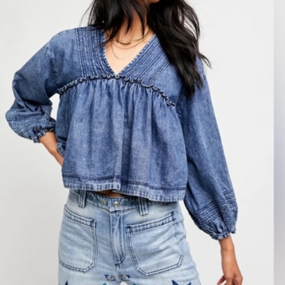 Free People Tops - Free People Denim Blue Smocked V-Neck Peasant Blouse